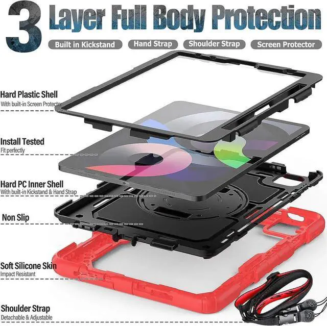 Alt view image 2 of 7 - JAENFONG iPad Air Case 4th Generation, iPad Air 10.9 Case 2020, Heavy Duty Protection Shockproof Sturdy Stand Case with Hand Strap Screen Protector for iPad Air 4 /iPad Pro 11 2020/2018