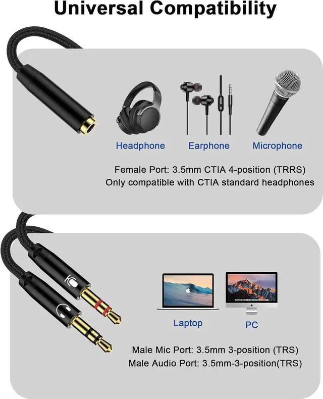 Alt view image 2 of 7 - Headphone Mic Splitter for PC Braided 3.5mm Female to 2 Dual Male Audio Adapter 2-in-1 Y Separator Aux Dongle Converters Cable Cord Compatible with Headset Microphone Gaming Computer Speaker Laptop