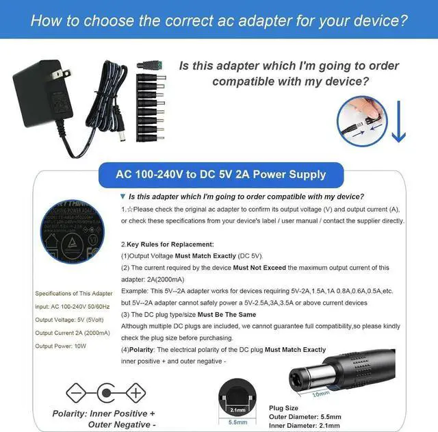 Alt view image 5 of 7 - 5V 2A 1A 0.8A 0.5A Power Supply Adapter 10W Universal AC/DC Adapter 100-240V AC to DC 5V Power Cord Converter with 9 Interchangeable Jacks Plug for USB Hub TV Box Router Camera etc (1 Pack)