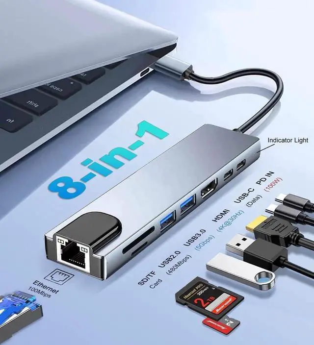 Alt view image 2 of 7 - USB C Hub 8 in 1 RJ45 Ethernet Multi Port Adapter with SD/TF Card Slot 4K HDMI USB 3.0/2.0 RJ45 100W PD USB C Port Docking Station for MacBook Pro/Air iPad Pro Laptops