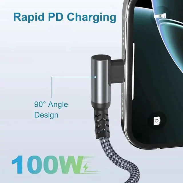 Alt view image 4 of 7 - iPhone 16e 15 Pro Max Plus Charger Cable 3.3FT USB C to Type C Cord 100W Right Angle 90 Degree with USB Adapter PD Fast Charging Cord for S25 S24 iPad mini 8 iPad 12th Air 7th