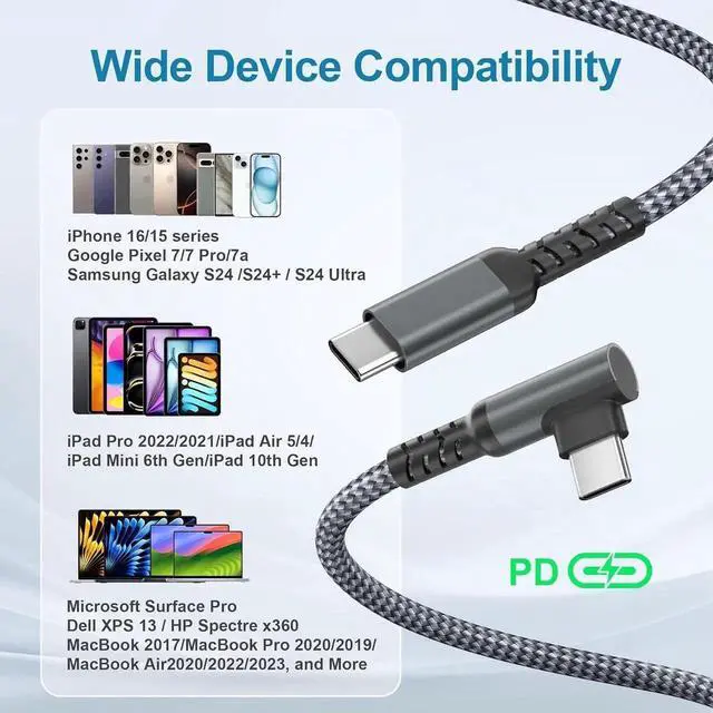 Alt view image 6 of 7 - iPhone 16e 15 Pro Max Plus Charger Cable 3.3FT USB C to Type C Cord 100W Right Angle 90 Degree with USB Adapter PD Fast Charging Cord for S25 S24 iPad mini 8 iPad 12th Air 7th