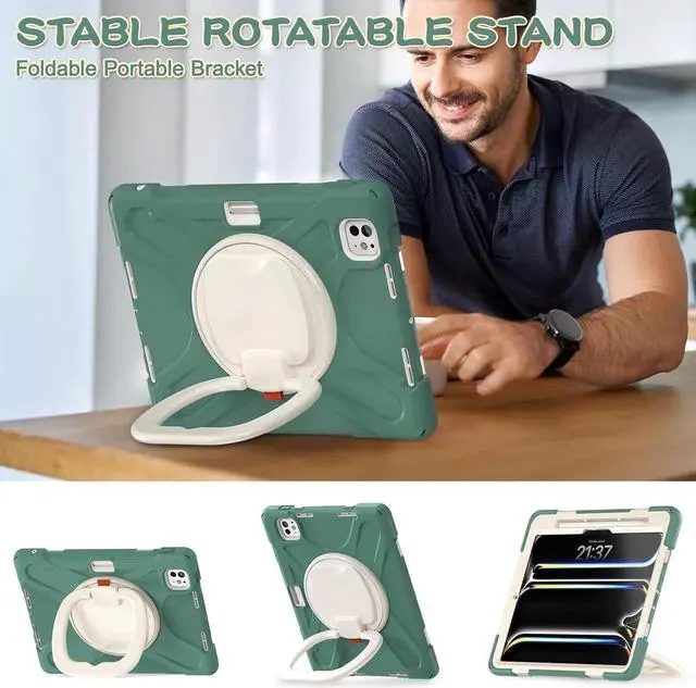Alt view image 3 of 7 - JAENFONG Case for iPad Pro 11 Inch M4 2024 5th Generation (Model: A2836, A2837, A3006) with Built-in Screen Protector, Pencil Holder, 360° Rotating Handle Grip, Adjustable Shoulder Strap, Green