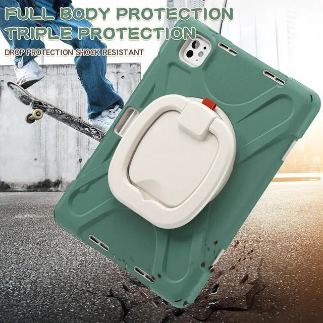 Alt view image 4 of 7 - JAENFONG Case for iPad Pro 11 Inch M4 2024 5th Generation (Model: A2836, A2837, A3006) with Built-in Screen Protector, Pencil Holder, 360° Rotating Handle Grip, Adjustable Shoulder Strap, Green