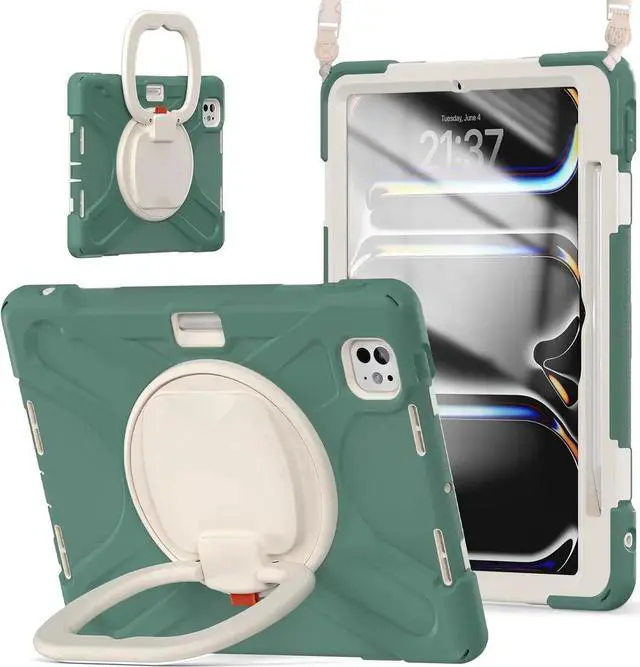 Main image of JAENFONG Case for iPad Pro 11 Inch M4 2024 5th Generation (Model: A2836, A2837, A3006) with Built-in Screen Protector, Pencil Holder, 360° Rotating Handle Grip, Adjustable Shoulder Strap, Green