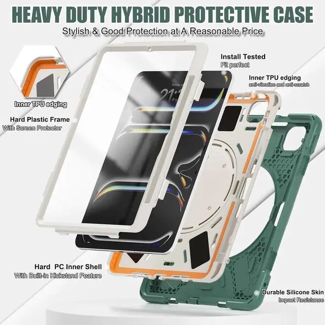 Alt view image 6 of 7 - JAENFONG Case for iPad Pro 11 Inch M4 2024 5th Generation (Model: A2836, A2837, A3006) with Built-in Screen Protector, Pencil Holder, 360° Rotating Handle Grip, Adjustable Shoulder Strap, Green