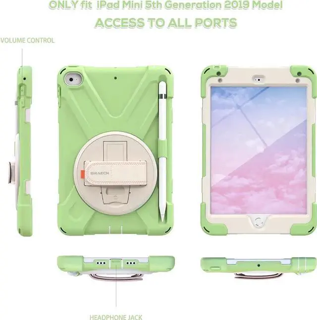 Alt view image 3 of 6 - JAENFONG iPad Mini Case 5th Generation Kids, Rugged Shockproof Hard Case Cover with Carrying Shoulder Strap, Rotatable Hand Strap/Kickstand, Built-in Pencil Holder for iPad Mini 4/5 - Matcha Green