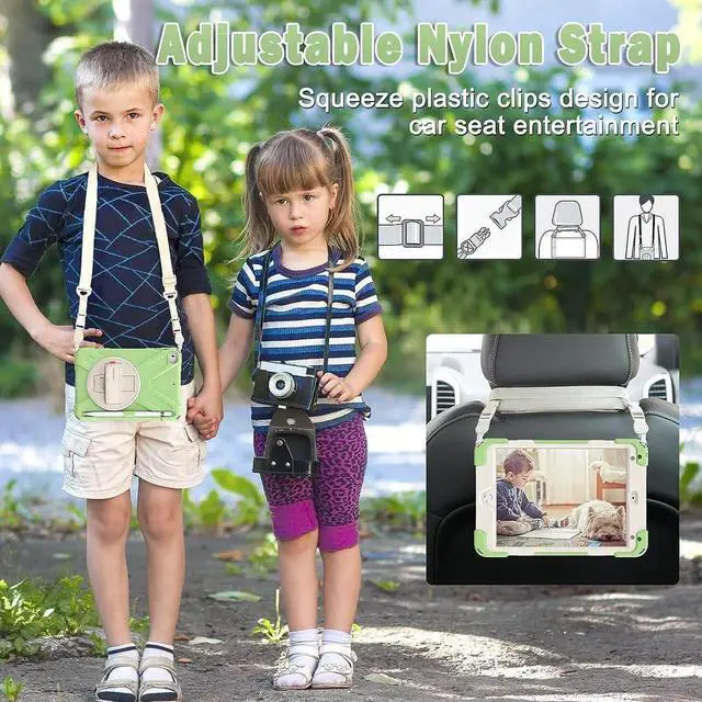 Alt view image 4 of 6 - JAENFONG iPad Mini Case 5th Generation Kids, Rugged Shockproof Hard Case Cover with Carrying Shoulder Strap, Rotatable Hand Strap/Kickstand, Built-in Pencil Holder for iPad Mini 4/5 - Matcha Green