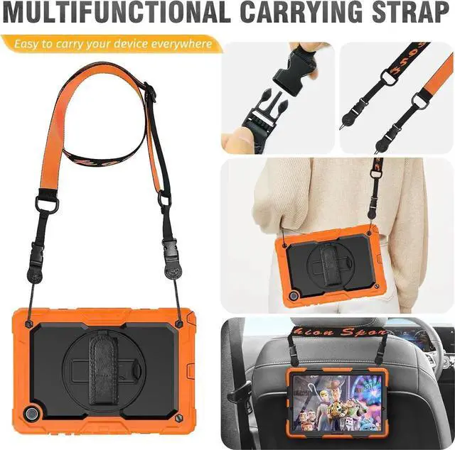Alt view image 4 of 7 - JAENFONG for Galaxy Tab A8 Case 10.5 Full Body Protective with Rotating Hand Strap Stand/Screen Protector, Sturdy Shockproof A8 Tablet Case Kids 2022 SM-X200/X205/X207, Orange