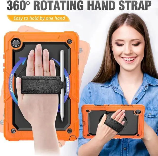 Alt view image 5 of 7 - JAENFONG for Galaxy Tab A8 Case 10.5 Full Body Protective with Rotating Hand Strap Stand/Screen Protector, Sturdy Shockproof A8 Tablet Case Kids 2022 SM-X200/X205/X207, Orange