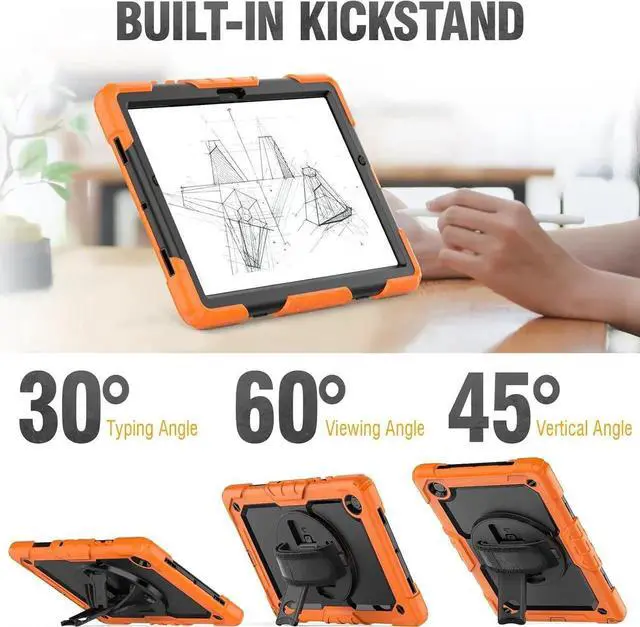 Alt view image 3 of 7 - JAENFONG for Galaxy Tab A8 Case 10.5 Full Body Protective with Rotating Hand Strap Stand/Screen Protector, Sturdy Shockproof A8 Tablet Case Kids 2022 SM-X200/X205/X207, Orange