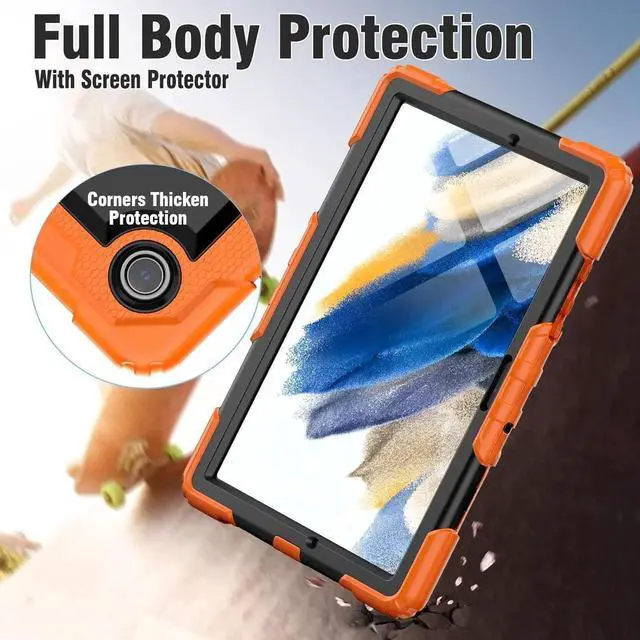 Alt view image 6 of 7 - JAENFONG for Galaxy Tab A8 Case 10.5 Full Body Protective with Rotating Hand Strap Stand/Screen Protector, Sturdy Shockproof A8 Tablet Case Kids 2022 SM-X200/X205/X207, Orange