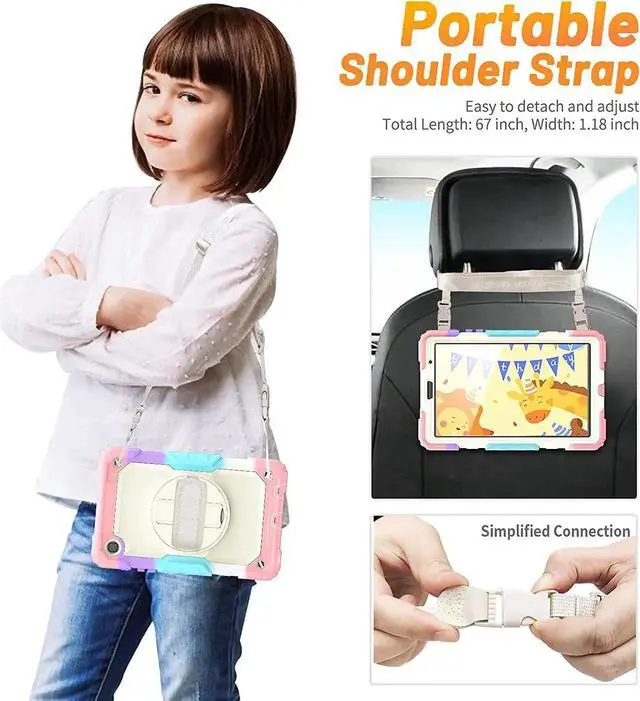 Alt view image 6 of 7 - JAENFONG Case for Galaxy Tab A7 Lite 8.7 inch Kid with Screen Protector/ 360° Rotating Hand Strap Stand/Pen Holder/Carrying Strap, A7 Lite Tablet Case Kids SM-T220/T225/T227 - Pink