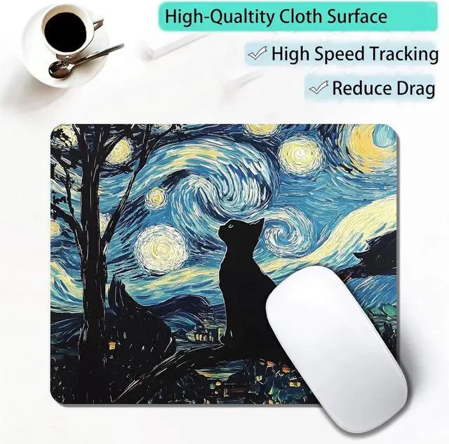 Alt view image 3 of 7 - Black Cat Custom Mouse Pad Ultra-Smooth Textured Small Mousepad Design with Non-Slip Rubber Base Moon Starry Night Computer Mouse Pads for PC & Wireless Laptop Portable Size 9.5x7.9 Inch