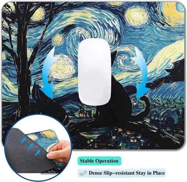 Alt view image 7 of 7 - Black Cat Custom Mouse Pad Ultra-Smooth Textured Small Mousepad Design with Non-Slip Rubber Base Moon Starry Night Computer Mouse Pads for PC & Wireless Laptop Portable Size 9.5x7.9 Inch