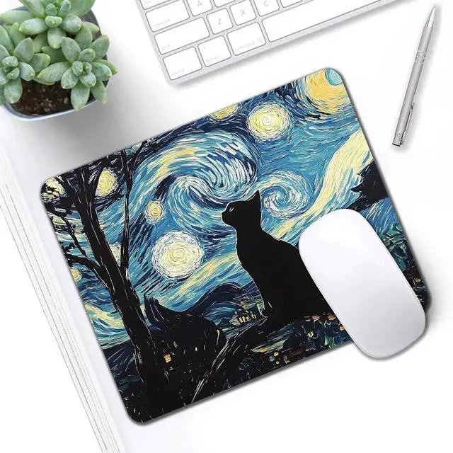 Alt view image 6 of 7 - Black Cat Custom Mouse Pad Ultra-Smooth Textured Small Mousepad Design with Non-Slip Rubber Base Moon Starry Night Computer Mouse Pads for PC & Wireless Laptop Portable Size 9.5x7.9 Inch