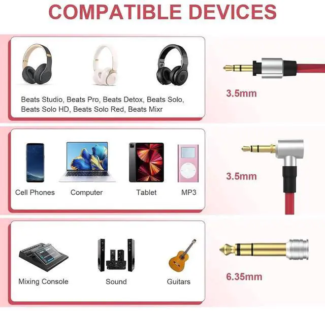 Alt view image 7 of 7 - Replacement 3.5mm to 3.5mm & 6.5mm Aux Auxiliary Audio Cable Headphone Extension Cord Compatible with Monster Beats Solo Pro Detox by Dr Dre Headphones (Red)