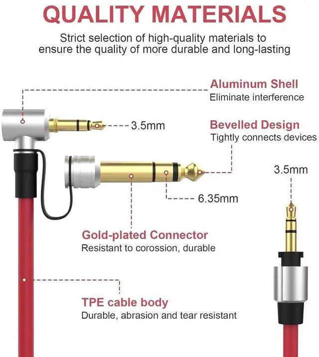 Alt view image 3 of 7 - Replacement 3.5mm to 3.5mm & 6.5mm Aux Auxiliary Audio Cable Headphone Extension Cord Compatible with Monster Beats Solo Pro Detox by Dr Dre Headphones (Red)