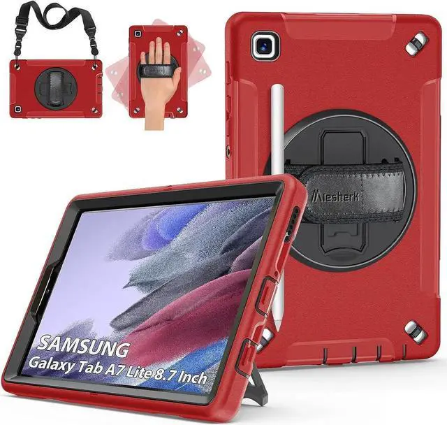 Main image of JAENFONG Case for Galaxy Tab A7 Lite, Military Grade Heavy Duty Shockproof Case with Hand/Shoulder Strap Rotating Kickstand for Samsung Galaxy Tab A7 Lite 8.7 Inch 2021, Red