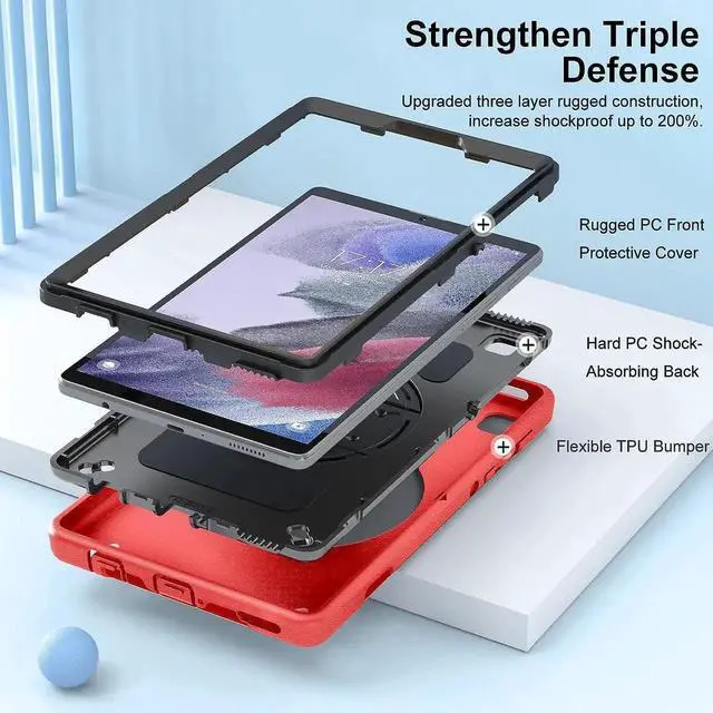 Alt view image 4 of 7 - JAENFONG Case for Galaxy Tab A7 Lite, Military Grade Heavy Duty Shockproof Case with Hand/Shoulder Strap Rotating Kickstand for Samsung Galaxy Tab A7 Lite 8.7 Inch 2021, Red