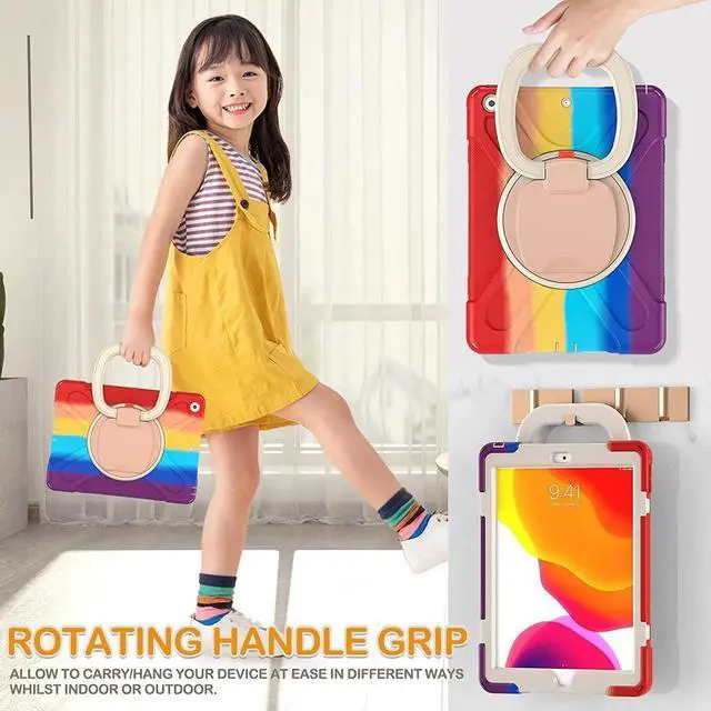 Alt view image 4 of 7 - iPad 10.2 Case 2021/2020/2019,Three Layer Shockproof Silicone Kids Case with Screen Protector, Pencil Holder, Strap, Folding Handle Grip,Rotating Kickstand for iPad 9th 8th 7th Gen-Colorful Red