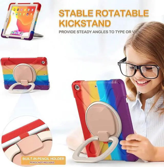 Alt view image 6 of 7 - iPad 10.2 Case 2021/2020/2019,Three Layer Shockproof Silicone Kids Case with Screen Protector, Pencil Holder, Strap, Folding Handle Grip,Rotating Kickstand for iPad 9th 8th 7th Gen-Colorful Red