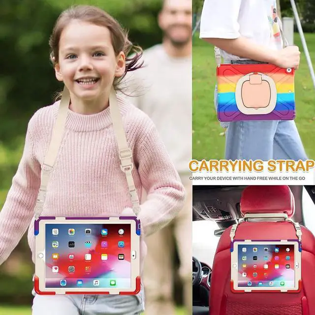 Alt view image 7 of 7 - iPad 10.2 Case 2021/2020/2019,Three Layer Shockproof Silicone Kids Case with Screen Protector, Pencil Holder, Strap, Folding Handle Grip,Rotating Kickstand for iPad 9th 8th 7th Gen-Colorful Red