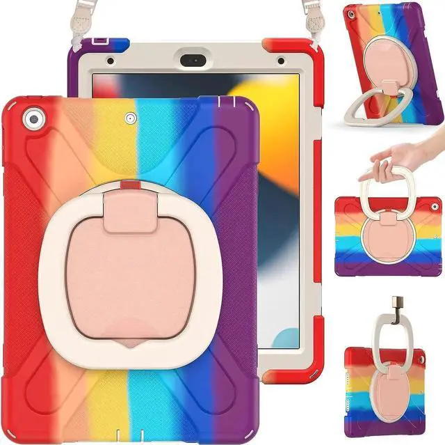 Main image of iPad 10.2 Case 2021/2020/2019,Three Layer Shockproof Silicone Kids Case with Screen Protector, Pencil Holder, Strap, Folding Handle Grip,Rotating Kickstand for iPad 9th 8th 7th Gen-Colorful Red