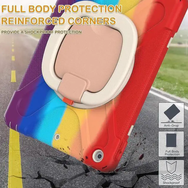 Alt view image 5 of 7 - iPad 10.2 Case 2021/2020/2019,Three Layer Shockproof Silicone Kids Case with Screen Protector, Pencil Holder, Strap, Folding Handle Grip,Rotating Kickstand for iPad 9th 8th 7th Gen-Colorful Red