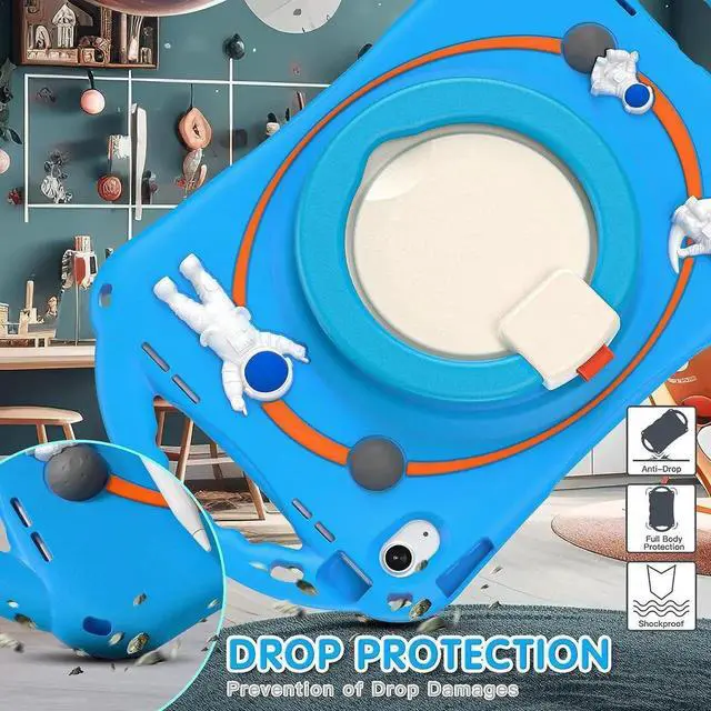 Alt view image 5 of 7 - 3D Cute Cartoon Astronaut Case for iPad 10th Gen 10.9 Inch 2022 A2696 A2757 A2777, Silicone Kids Boys Spaceman Case with Pencil Holder,Carrying Shoulder Strap,Handle Grip,Kickstand-Light Blue