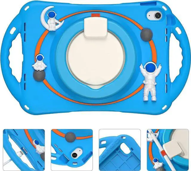 Alt view image 3 of 7 - 3D Cute Cartoon Astronaut Case for iPad 10th Gen 10.9 Inch 2022 A2696 A2757 A2777, Silicone Kids Boys Spaceman Case with Pencil Holder,Carrying Shoulder Strap,Handle Grip,Kickstand-Light Blue
