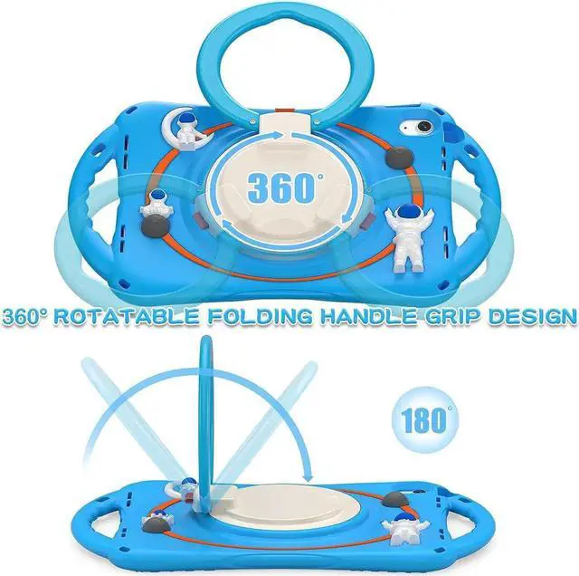 Alt view image 6 of 7 - 3D Cute Cartoon Astronaut Case for iPad 10th Gen 10.9 Inch 2022 A2696 A2757 A2777, Silicone Kids Boys Spaceman Case with Pencil Holder,Carrying Shoulder Strap,Handle Grip,Kickstand-Light Blue