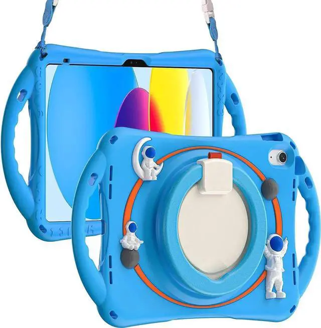 Main image of 3D Cute Cartoon Astronaut Case for iPad 10th Gen 10.9 Inch 2022 A2696 A2757 A2777, Silicone Kids Boys Spaceman Case with Pencil Holder,Carrying Shoulder Strap,Handle Grip,Kickstand-Light Blue