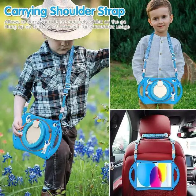 Alt view image 7 of 7 - 3D Cute Cartoon Astronaut Case for iPad 10th Gen 10.9 Inch 2022 A2696 A2757 A2777, Silicone Kids Boys Spaceman Case with Pencil Holder,Carrying Shoulder Strap,Handle Grip,Kickstand-Light Blue