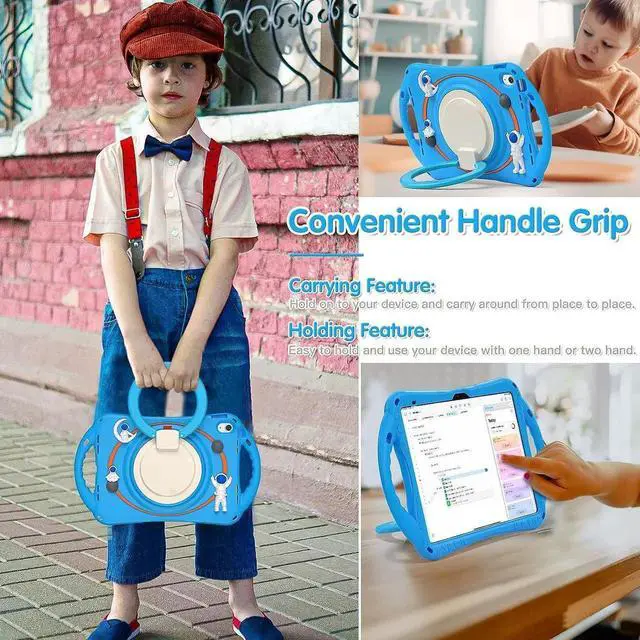 Alt view image 2 of 7 - 3D Cute Cartoon Astronaut Case for iPad 10th Gen 10.9 Inch 2022 A2696 A2757 A2777, Silicone Kids Boys Spaceman Case with Pencil Holder,Carrying Shoulder Strap,Handle Grip,Kickstand-Light Blue