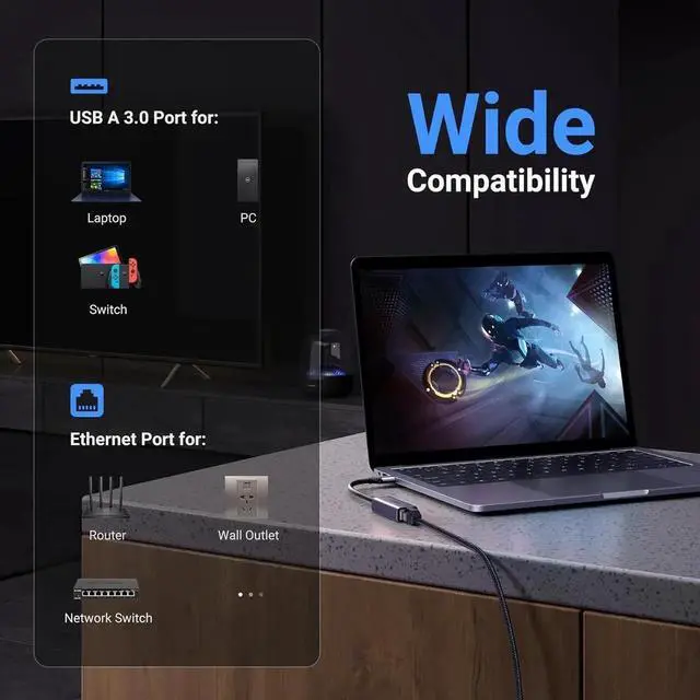 Alt view image 2 of 7 - USB to Ethernet Adapter Plug and Play Ethernet Adapter Aluminium Shell 1Gbps Gigabit RJ45 to USB 3.0 Network Dongle Compatible with Nintendo Switch Laptop MacBook Surface Pro Windows