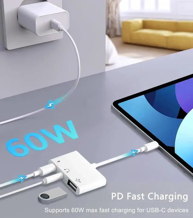Alt view image 6 of 7 - USB C to USB Adapter 3 in 1 AUX/USB to USB C Adapter with 3.5mm Headphone Jack + OTG + 60W PD Fast Charging Port Compatible with iPhone 15/16 iPad Pro MacBook and More