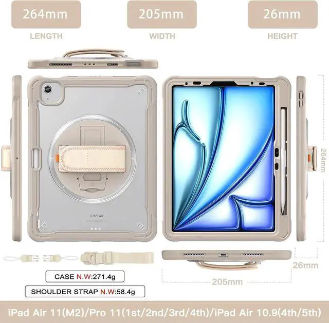 Alt view image 2 of 7 - iPad Air 11 inch Case 2024 M2 Chip Dual-Layer Protective Tablet Cover,Lightweight Durable,Shock-Absorbing Corners with 360° Rotating Hand Strap and Hidden Kickstand & Shoulder Strap, Khaki
