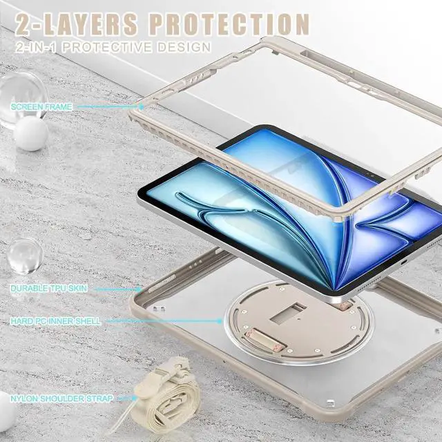 Alt view image 5 of 7 - iPad Air 11 inch Case 2024 M2 Chip Dual-Layer Protective Tablet Cover,Lightweight Durable,Shock-Absorbing Corners with 360° Rotating Hand Strap and Hidden Kickstand & Shoulder Strap, Khaki