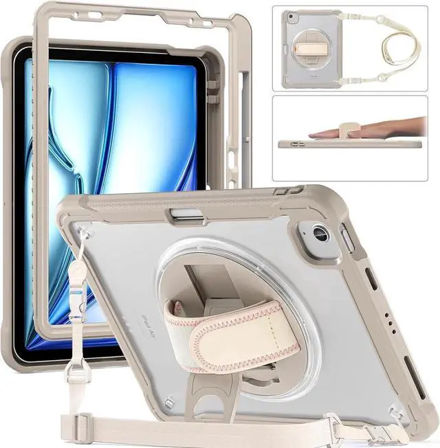 Main image of iPad Air 11 inch Case 2024 M2 Chip Dual-Layer Protective Tablet Cover,Lightweight Durable,Shock-Absorbing Corners with 360° Rotating Hand Strap and Hidden Kickstand & Shoulder Strap, Khaki
