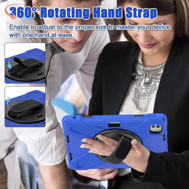 Alt view image 6 of 7 - JAENFONG Case for iPad Pro 11 Inch 2024 (5th Gen) with Screen Protector, Heavy Duty Rugged Proective Case Cover with Shoulder Strap/Pencil Holder/Handle/Rotating Stand, Blue