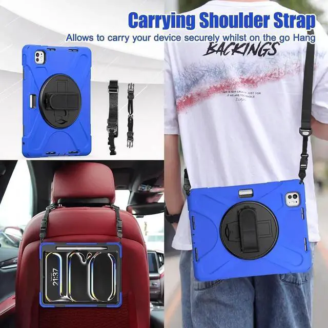 Alt view image 2 of 7 - JAENFONG Case for iPad Pro 11 Inch 2024 (5th Gen) with Screen Protector, Heavy Duty Rugged Proective Case Cover with Shoulder Strap/Pencil Holder/Handle/Rotating Stand, Blue