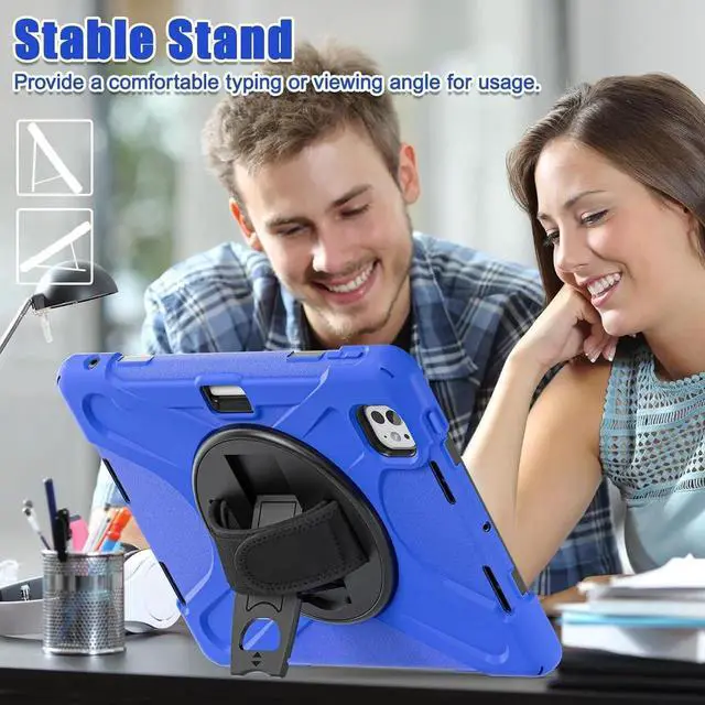 Alt view image 3 of 7 - JAENFONG Case for iPad Pro 11 Inch 2024 (5th Gen) with Screen Protector, Heavy Duty Rugged Proective Case Cover with Shoulder Strap/Pencil Holder/Handle/Rotating Stand, Blue