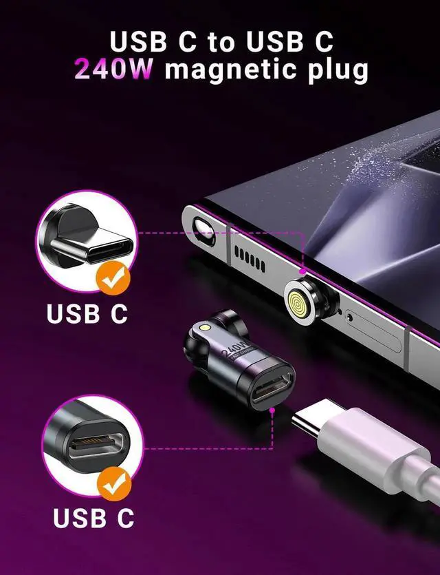 Alt view image 4 of 7 - USB C Magnetic Adapter PD 240W(2Pack) 9PIN USB C 90 Degree Adapter/C Right Angle Adapters/360 &180 Degree C to C Adapters for 1Phone 16/15 Ma-Book Pro/1Pad Series Galaxy Tablet Laptop
