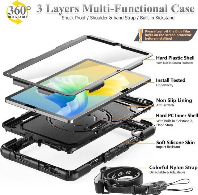 Alt view image 5 of 6 - JAENFONG for Galaxy Tab S6 Lite Case 10.4 Inch 2022/2020 with S Pen Holder Screen Protector [360 Rotating Hand Strap/Stand], Durable Case for Tab S6 Lite SM-P610/P613/P615/P619 (All Black)