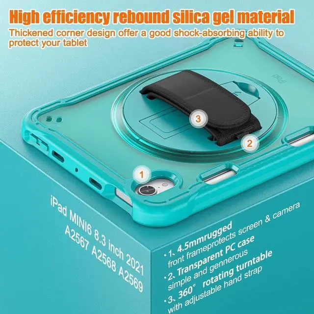 Alt view image 6 of 7 - JAENFONG Case for iPad Mini 6 8.3 Inch 2021 with Pencil Holder Heavy Duty Rugged Shockproof Tablet Cover with 360° Rotating Hand Strap Foldable Hidden Stand & Shoulder Strap, Blue