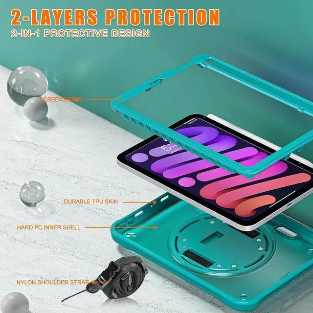 Alt view image 5 of 7 - JAENFONG Case for iPad Mini 6 8.3 Inch 2021 with Pencil Holder Heavy Duty Rugged Shockproof Tablet Cover with 360° Rotating Hand Strap Foldable Hidden Stand & Shoulder Strap, Blue