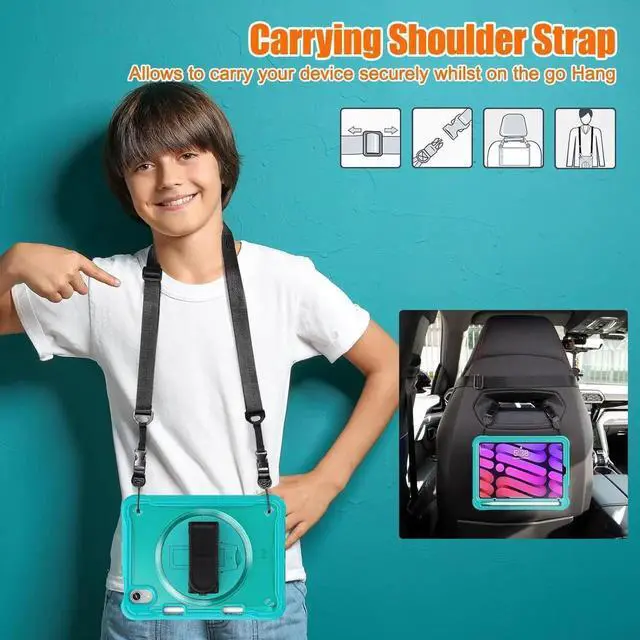 Alt view image 2 of 7 - JAENFONG Case for iPad Mini 6 8.3 Inch 2021 with Pencil Holder Heavy Duty Rugged Shockproof Tablet Cover with 360° Rotating Hand Strap Foldable Hidden Stand & Shoulder Strap, Blue