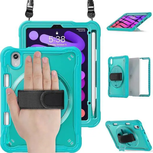 Main image of JAENFONG Case for iPad Mini 6 8.3 Inch 2021 with Pencil Holder Heavy Duty Rugged Shockproof Tablet Cover with 360° Rotating Hand Strap Foldable Hidden Stand & Shoulder Strap, Blue
