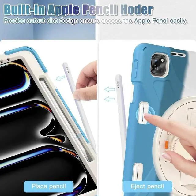 Alt view image 5 of 7 - Case for iPad Pro 11-inch (2024) M4 Chip Model A2836 Heavy Duty Rugged Durability Silicone Tablet Cover with 360° Rotating Hand Strap Foldable Hidden Stand & Shoulder Strap, Colorful Blue